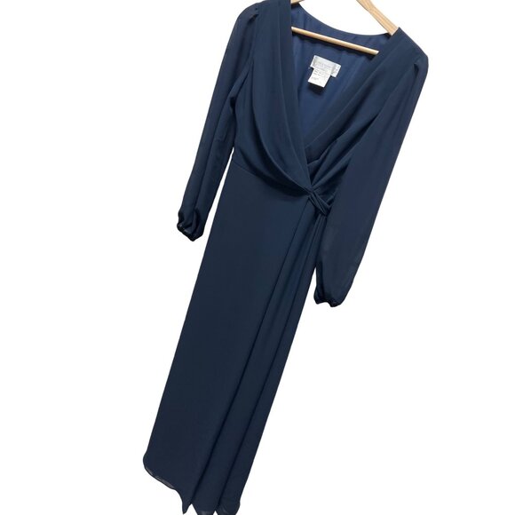 Dessy Collection Vivian Diamond Navy Long Sleeve Formal Wrap Dress - Picture 1 of 8